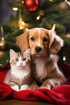 cat and dog near the Christmas tree. christmas pets. happiness, celebration and fun. furry animals.