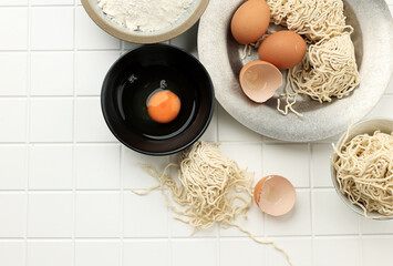 Top View Raw Egg Noodle or Mie Telur