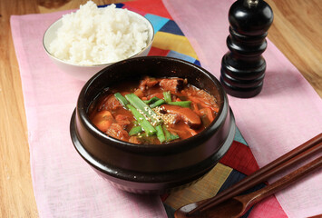 A Bowl of Hot Vegan Spicy Korean Kimchi Stew Soup or Kimchi Jigae