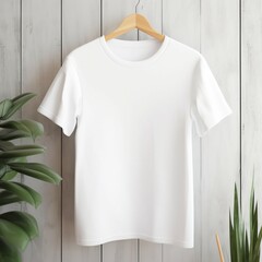 white t-shirt mock-up on a hanger , flat lay , on a darn white background , with plants nearby , aerial view