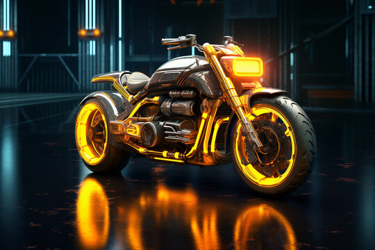 Motocicleta amarilla futurista en una bodega iluminada