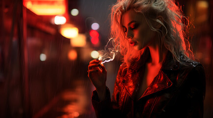 Naklejka premium A woman smokes in a red-light district in the rain.