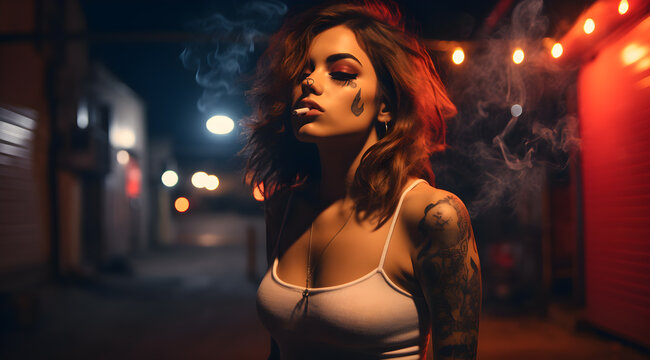 A drug addicted woman is smoking in a dark alley.