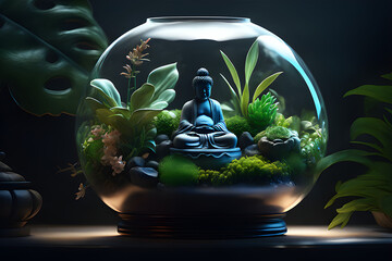 ai generated terrarium art with buddha statue,
glass terrarium