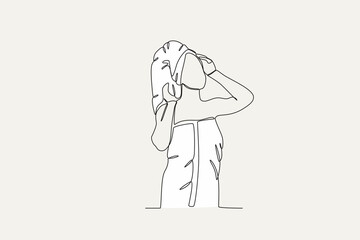 Color illustration of a woman finishing a shower. Morning activities one-line drawing