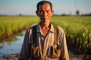 Portrait of senior farmer standing in rice field