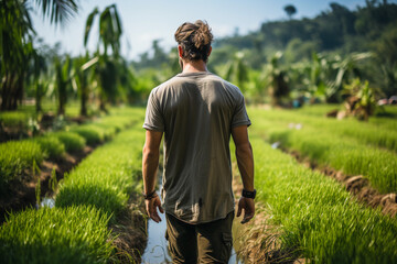 Portrait of young farmer walking in rice field