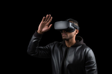 Man wearing virtual reality VR glasses, VR headset and trying to touch something with his hand while standing on dark background.