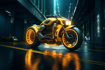 Motocicleta rob&oacute;tica futurista en una bodega