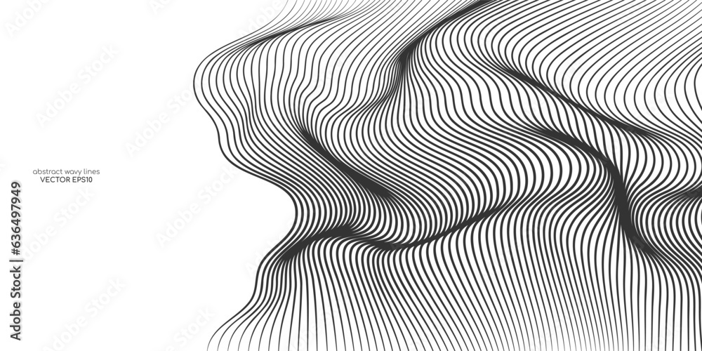 Poster 3D Vector wave lines pattern smooth curve flowing dynamic black isolated on white background for concept of technology, digital, communication, science, music.