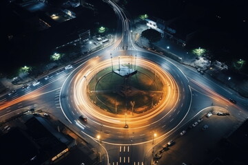 top view of intersection in a prosperous city, time lapse of car, long shutter speed