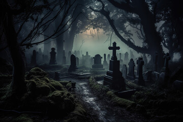 the Spooky Ambiance of a Scary Halloween Night Cemetery