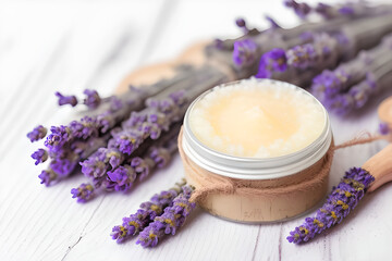 Obraz na płótnie Canvas Natural sugar scrub and lavender flowers on white wooden table. Cosmetic product selective focus