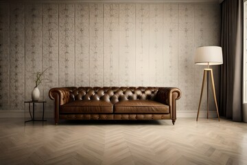 elegant living room interior with single vintage sofa in front of white wall copy space 3D illustration.