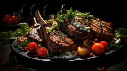 Grilled lamb chops with barbeque sauce on a plate with black and blurry background