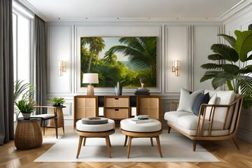 Stylish interior design living room with wooden retro commode, chairs, tropical plants in rattan pots, baskets and elegant personal accessories. Mock up
