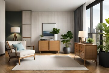 Stylish interior design living room with wooden retro commode, chairs, tropical plants in rattan pots, baskets and elegant personal accessories. Mock up