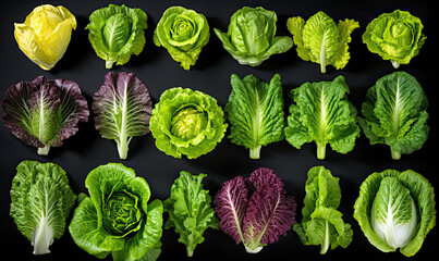 Various types and colors of cabbages on a dark background