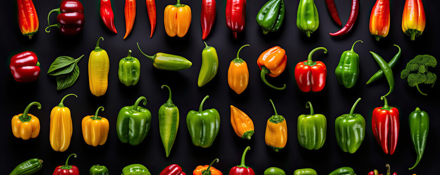 All types of peppers on a dark background