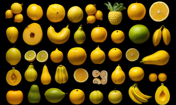 Top view of yellow fruits and decorations on black background