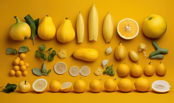 Top view of yellow fruit on a yellow background