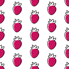 Seamless pattern with strawberries in graphic hand drawn style.