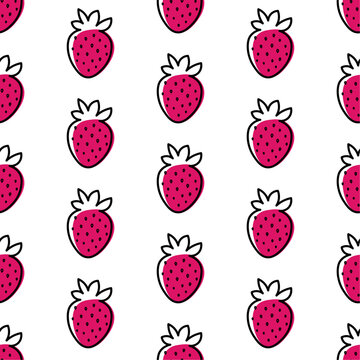 Seamless pattern with strawberries in graphic hand drawn style.