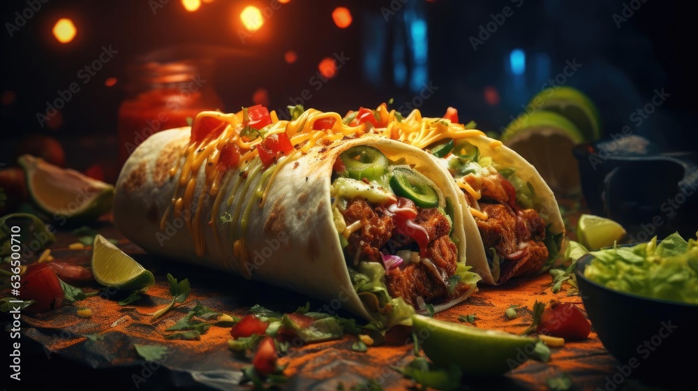 Wall mural full of burritos with vegetables and meat on a wooden table with blurred background - Wall murals