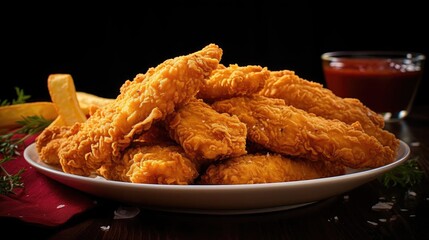 perfect view close up crispy chicken tenders with blur and background cinematic