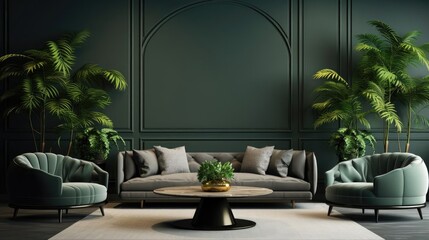 Modern living room interior with sofa and green leaf ornament and minimalist design