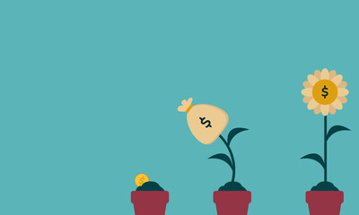 Investment Growth. Depicted with gold coins, dollar bill bags, pots and blooming flowers.