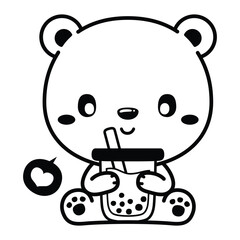 Kwaii Polar bear, Cute Animal. Black and white vector illustration for coloring book