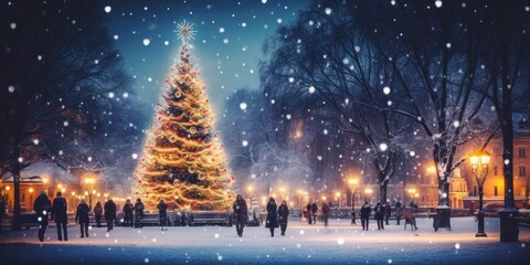illustration of people happily around a huge Christmas tree, generative AI