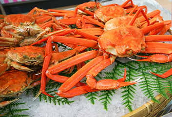 Hokkaido crabs are placed on shelves in supermarkets.