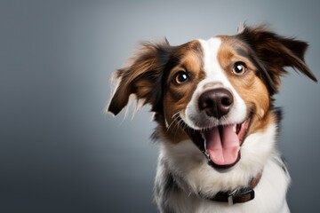 happy playful dog or pet isolated on gray background. Cute, happy, crazy dog headshot smiling on gray background with copy space.