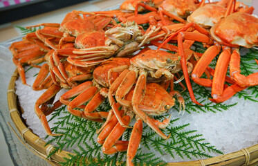 Hokkaido crabs are placed on shelves in supermarkets.