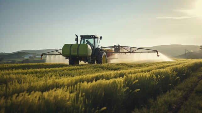 Tractor spraying pesticides on a green field, agriculture background photo concept