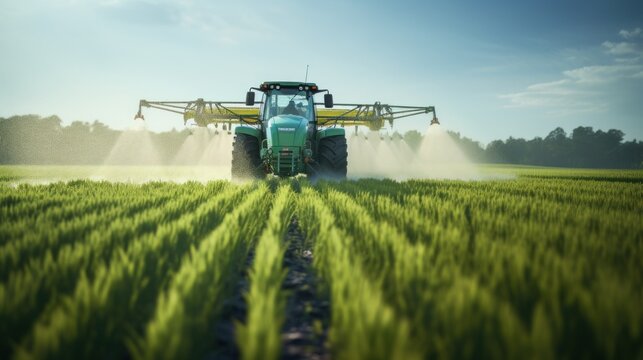 Tractor spraying pesticides on a green field, agriculture background photo concept