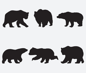 isolated black silhouette of a bear , vector collection