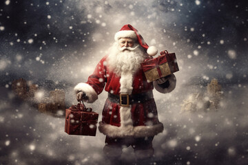 Photo of Santa Claus carrying Christmas gifts