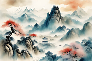 Chinese traditional painting, Drawing of a mountain landscape