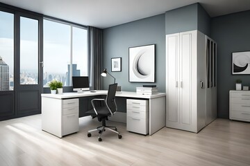 modern living room with kitchen white corner desk