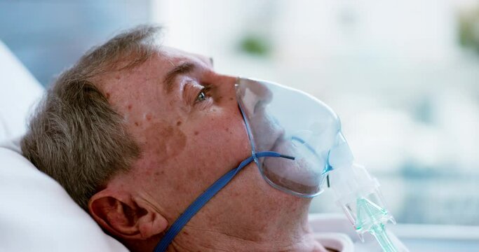 Oxygen mask, senior man and patient in a hospital for surgery of medical care with stress. Elderly male person, ventilation help and healthcare support on a ICU bed thinking and breathing in clinic