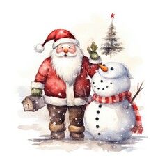 Christmas santaclaus with snowman watercolor. Generative AI