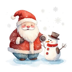 Christmas santaclaus with snowman watercolor. Generative AI