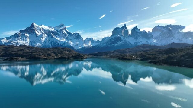 National Park Of Torres Del Paine In Punta Arenas Chile. Snowy Mountains. Glacial Scenery. Punta Arenas Chile. Winter Travel. National Park At Torres Del Paine In Punta Arenas Chile.