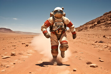 Spaceman or astronaut running on Mars