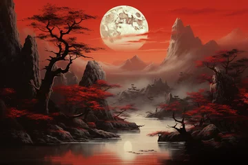  Mountain landscape painting with red moon, Chinese landscape © Artroom