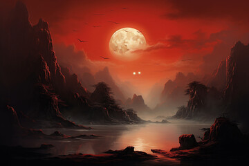 Mountain landscape painting with red moon, Chinese landscape