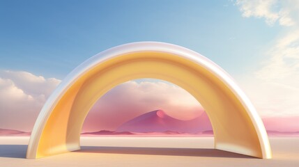 In the midst of the desert's vastness, a gleaming golden arch stands as a testament to vibrant artistry. Crafted in the colorful surrealism style